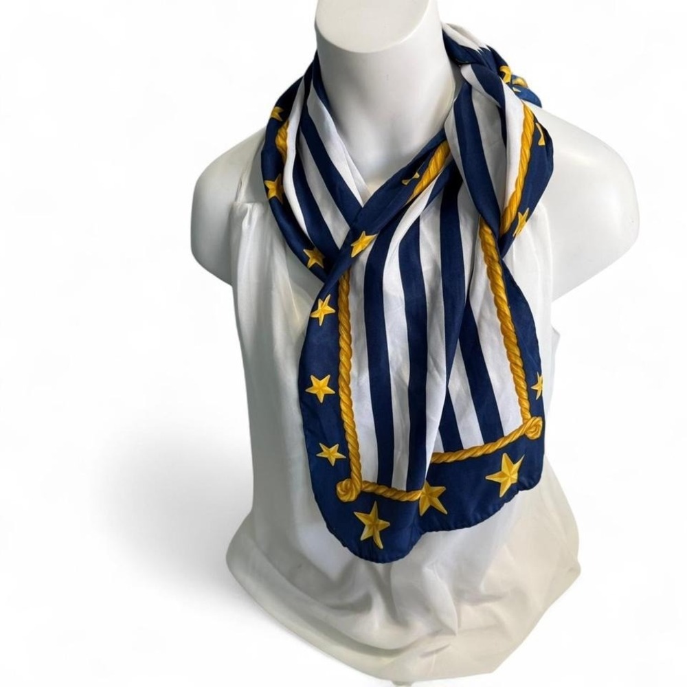 Navy and yellow stripe scarf with star detailing, featuring a rope‎ detail 52"